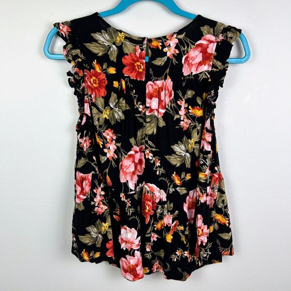 American Eagle Black Floral Short Ruffle Sleeve Blouse Top Peplum Flowy Shirt S - Picture 3 of 8